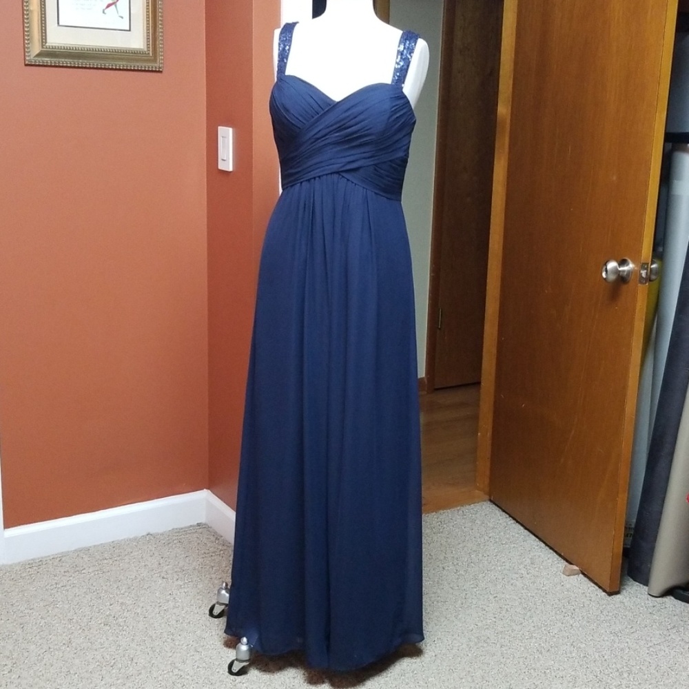 Bill Levkoff Navy Beaded Strap Empire Waist Chiffon Gown